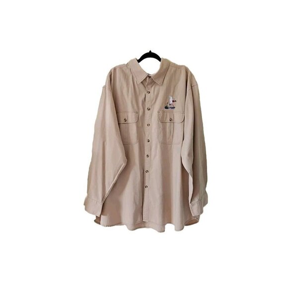 Cabelas Shirt Mens 3XLT Beige LS Embroidery Button Up Pockets Outdoor VTG FLAWS - Picture 1 of 12